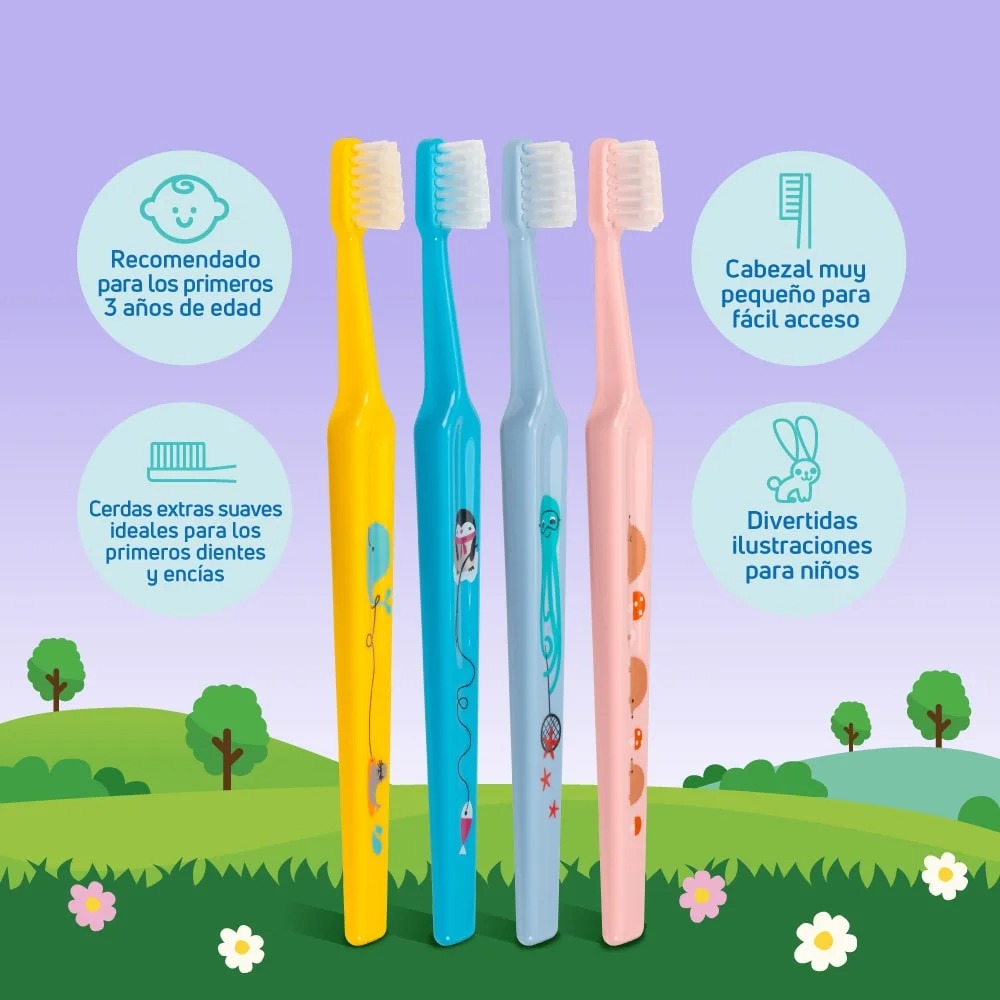 3 Cepillos Dentales Tepe de 0-3 Años- Mini Extra Soft Con Diseño